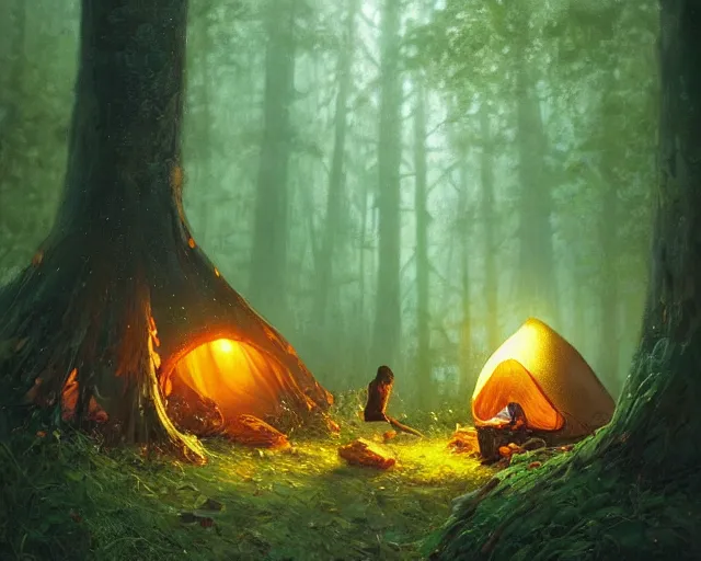 Image similar to humanoid mushroom camping in a forest at night, campire lighting, science fantasy painting, elegant intricate digital painting artstation, greg rutkowski and alphonse mucha, detailed