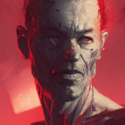 Image similar to portrait of an emaciated man bathed in red light, dramatic lighting, illustration by Greg rutkowski, yoji shinkawa, 4k, digital art, concept art, trending on artstation