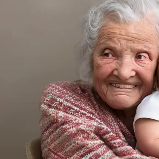 Prompt: An elderly lady has her little 3-year-old baby girl sitting on her lap. They are both happy.