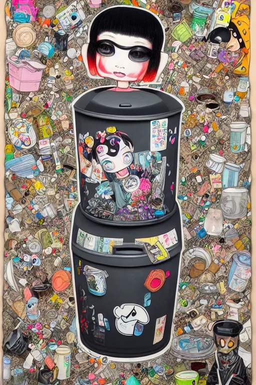 Image similar to full view, from a distance, of anthropomorphic trashcan from tokyo, full of trash, style of yoshii chie and hikari shimoda and martine johanna, highly detailed