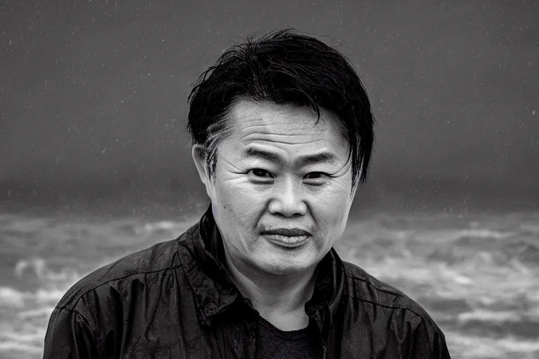 Image similar to a cinematic headshot portrait of a middle aged asian man, ocean background, waves, rain, dramatic lighting, back light, hair light, rim light, 4 k, ultra realistic