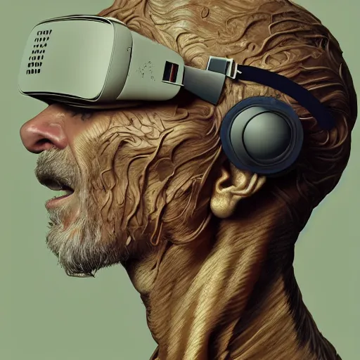 Image similar to Colour Caravaggio and Leonardo da Vinci style full body portrait Photography of Highly detailed Man with 1000 years old perfect face wearing highly detailed retrofuturistic VR headset designed by Josan Gonzalez. Many details In style of Josan Gonzalez and Mike Winkelmann and andgreg rutkowski and alphonse muchaand and Caspar David Friedrich and Stephen Hickman and James Gurney and Hiromasa Ogura. Rendered in Blender and Octane Render volumetric natural light