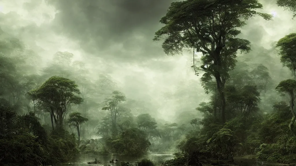 Prompt: dangerous jungle. edward gorey, andreas achenbach, artgerm, mikko lagerstedt, zack snyder, tokujin yoshioka