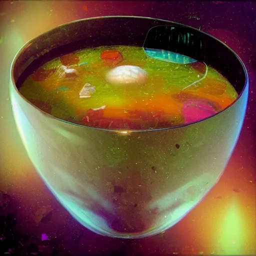 Prompt: a bowl of soup that is portal to another dimension as a digital art. in the style of john berkey.