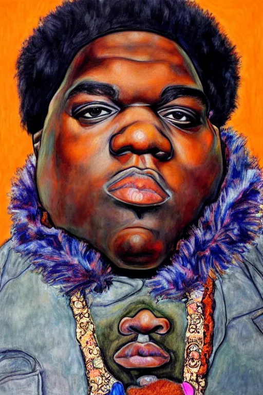 Image similar to a portrait of biggie smalls wearing boho - chic style clothes, with a fur muffler, full body!!, realistic painting in egon schiele style, masterpiece, hyperdetailed, complex, intricate, 4 k, hyperrealistic, trending on artstation