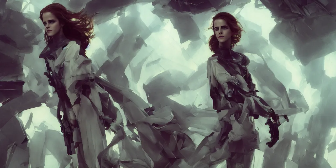 Image similar to portrait emma watson futuristic asymmetric award winning design for emma watson baroque cyberpunk flight suit beksinski carl spitzweg moebius syd mead tuomas korpi caravaggio greg manchess, mucha, liepke, ruan jia, jeffrey catherine jones, ridley scott octane render canon fujifilm sony alpha nikon david bailey