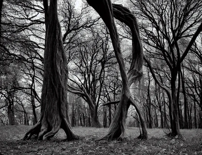 Prompt: a bent tree in the spooky woods, in the style of tim burton