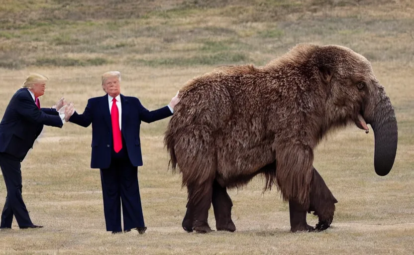 Image similar to Donald Trump in a baby mammoth costume , with an open face