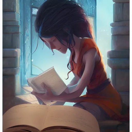 Image similar to a pixar girl reading a book, long hair flowing down, symmetrical!, style of by Jordan Grimmer and greg rutkowski, crisp lines and color,