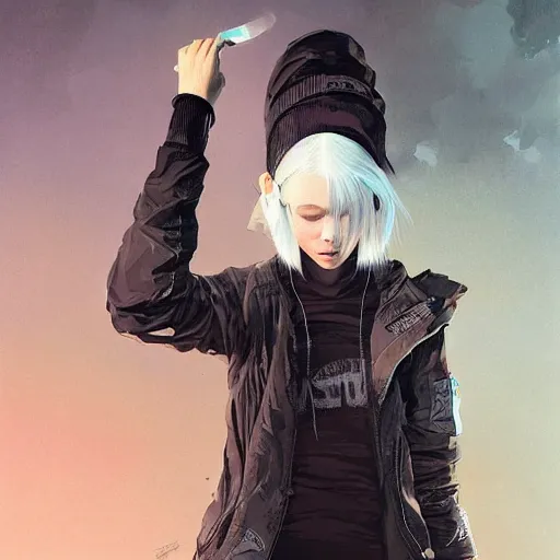 Image similar to ! dream very cool girl white hair girl with mask, streetwear, techwear, cyberpunk style outfit, full body, nose piercing, detailed portrait, intricate complexity, by greg rutkowski, cory loftis, artgerm, ross tran, conrad roset, takato yomamoto, ilya kuvshinov. 4 k, beautiful, cinematic dramatic atmosphere