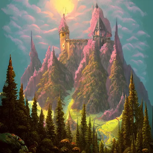 Image similar to a beautiful ultradetailed painting of high fantasy surreal arcane castle on a green mountain above a forest by wes anderson trending on artstation