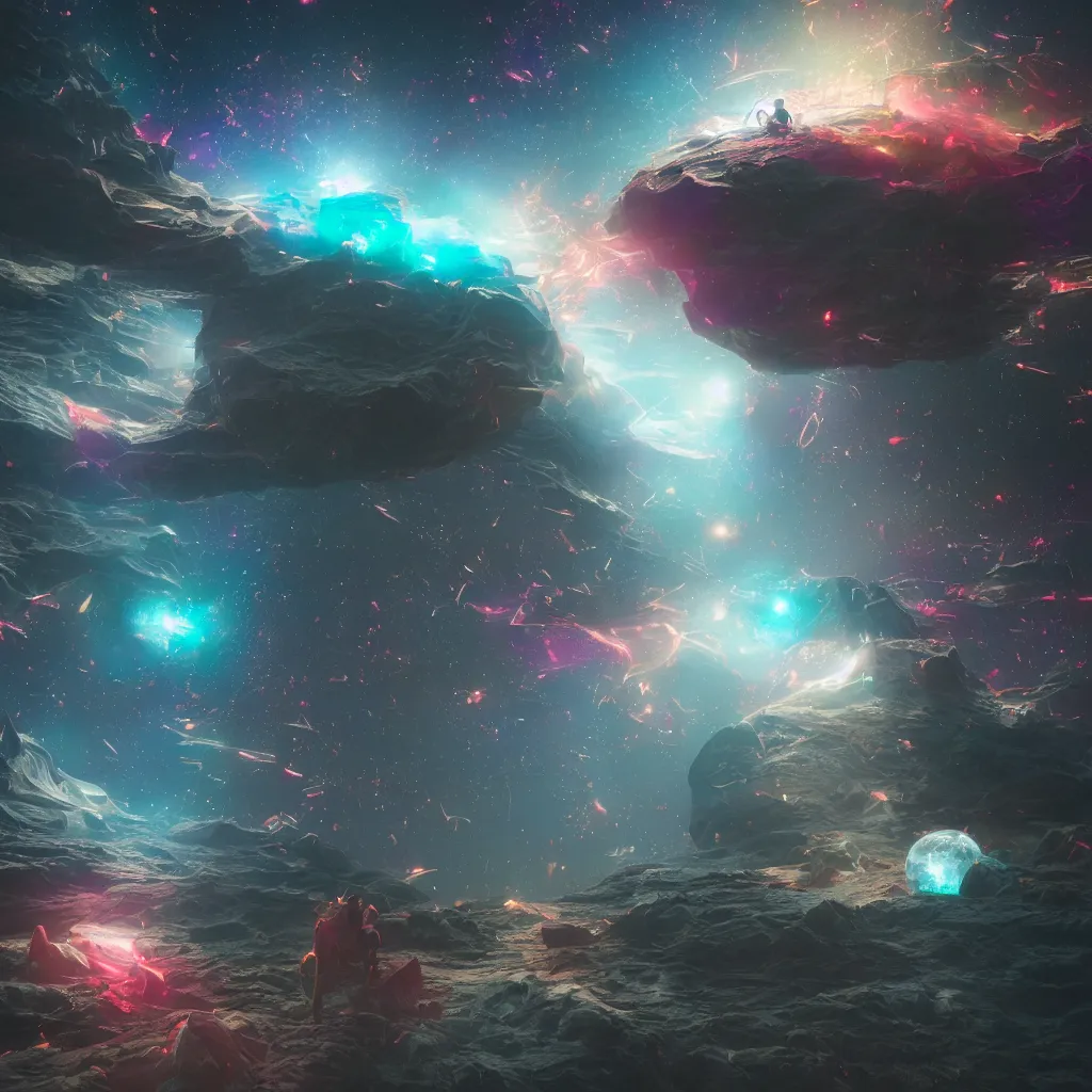Image similar to letting go of reality and experiencing the quantum feild, matte painting comic book art, cinematic, highly detailed, realistic, beautiful cosmic neural network, octane render, unreal engine, depth of field, trending on artstation, sharp focus, philosophical splashes of colors