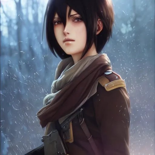 Image similar to mikasa ackerman, bokeh, beautiful face!!!!, 2 7 years old, cg animation, lifelike, animated, realistic, character select portrait, by artgerm, greg rutkowski, alphonse mucha, 3 d