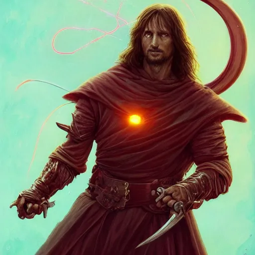 Image similar to portrait Aragorn as a Jedi Knight with red glowing eyes and a bright red lightsaber, art by pete mohrbacher and seb mckinnon and beksinski and josan gonzales, digital art, highly detailed, intricate, sci-fi, sharp focus, Trending on Artstation HQ, deviantart, unreal engine 5, 4K UHD image