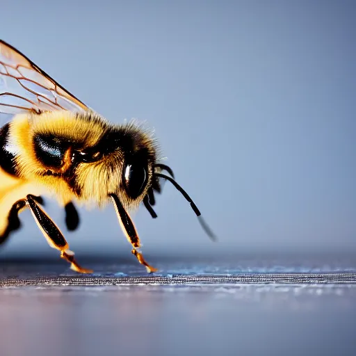 Prompt: action photo of bee as shark, from nature journal, 1 / 1 0 0 0 sec shutter, action photo, sigma 1 0 5 mm f 2. 8