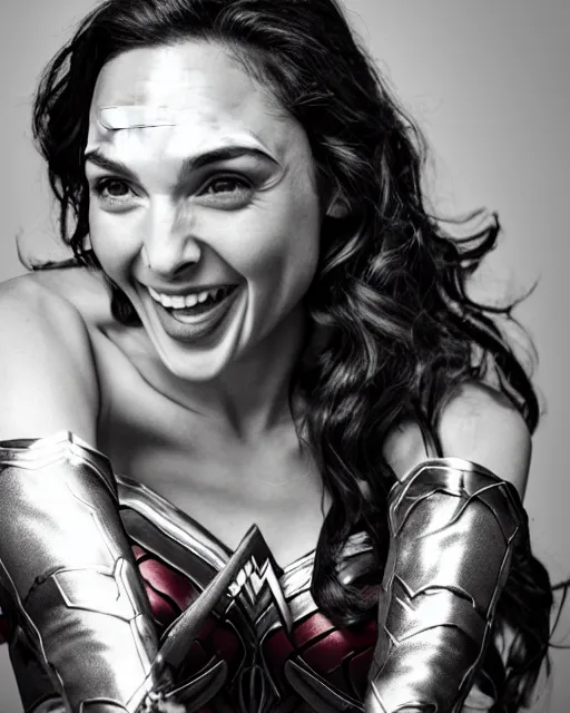 Image similar to gal gadot as she crinkles her nose while laughing, dressed as wonder woman, photorealistic, black and white photography, hdr color, hyperreal