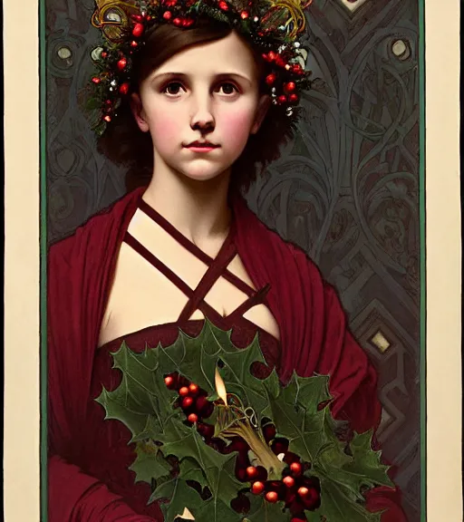 Image similar to dark, realistic detailed portrait of 1 6 - year - old millie bobby brown or alicia vikander wearing a candle wreath as a crown at christmas, lit only by candlelight at night by alphonse mucha, william adolphe bouguereau, and donato giancola, dark art nouveau style, dark red and green colors