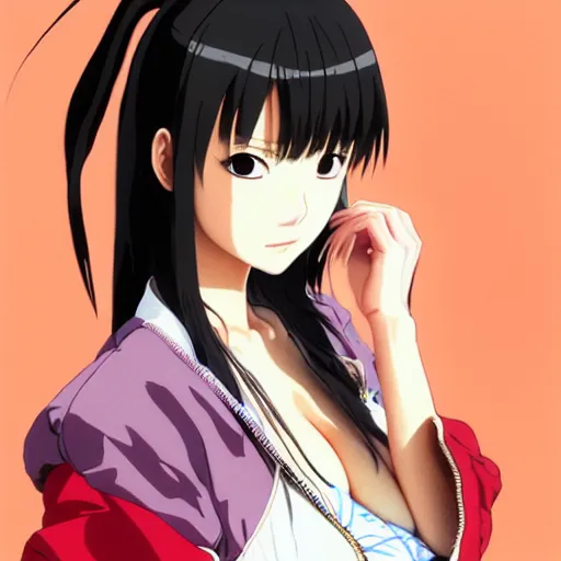 Image similar to a beautiful young japanese lalisa alluring gravure model, wearing oversized designer bomber jacket and one piece bikini, bulky poofy bomber jacket with mesoamerican patterns, mesoamerican native street fashion, gapmoe yandere grimdark, trending on pixiv fanbox, painted by greg rutkowski makoto shinkai takashi takeuchi studio ghibli, akihiko yoshida