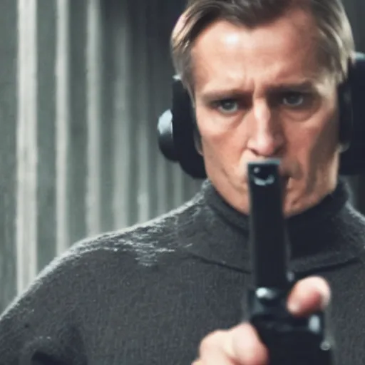 Prompt: A man in a black turtleneck sweater pointing a gun equipped with a silencer at the camera, cinematographic, dark, movie scene, spy movie, investigative film