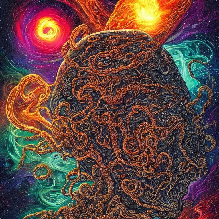 Image similar to a giant skull with deep and intricate rune carvings and glowing eyes with thick lovecraftian tentacles emerging from a space nebula by dan mumford, twirling smoke trail, a twisting vortex of dying galaxies, digital art, photorealistic, vivid colors, highly detailed, intricate