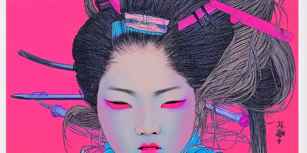 Image similar to a close - up grainy, risograph drawing, hyper light drigter, neon colors, a big porcelain glossy geisha head, with long hair, floating above the sharp peaks weapons, style by moebius and kim jung gi