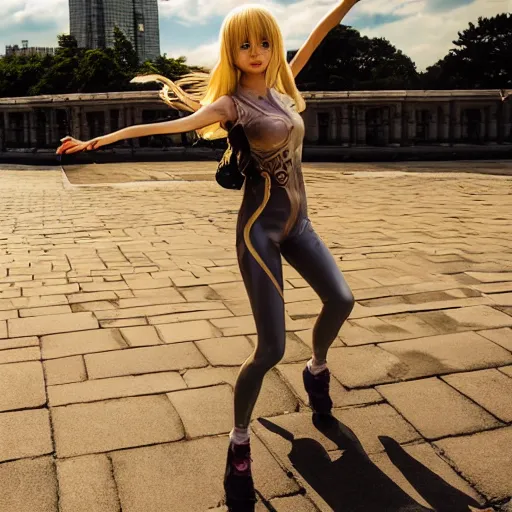 Image similar to blonde - haired princess, anime princess, wearing skinsuit, action pose, parkour, plaza, greco - roman pillars, golden hour, partly cloudy sky, sepia sun, strong lighting, strong shadows, vivid hues, ultra - realistic, sharp details, subsurface scattering, intricate details, hd anime, 2 0 1 9 anime