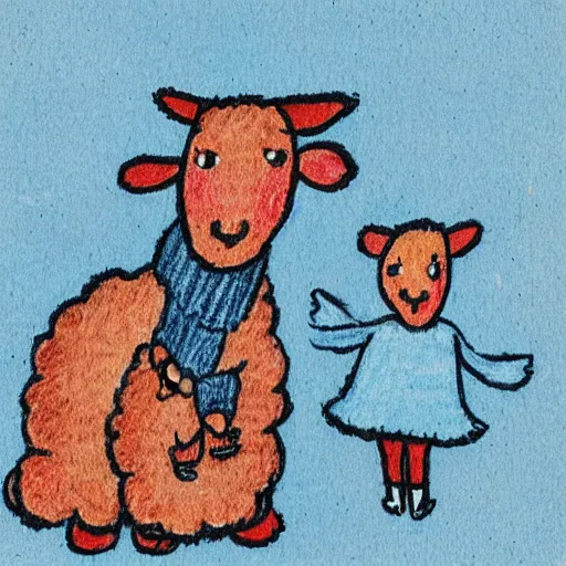 Image similar to a lamb with a blue knitted sweater hugging his mom, children's book drawing