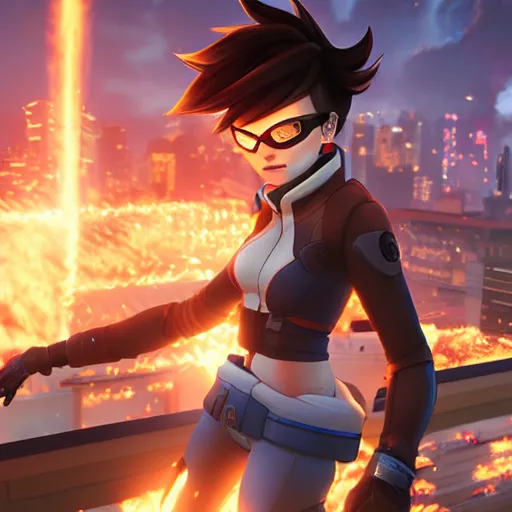 Image similar to tracer, standing on rooftop, 4 k, detailed, smiling at camera, detailed eyes, confident stance, detailed face, feminine face, burning exploding city in background