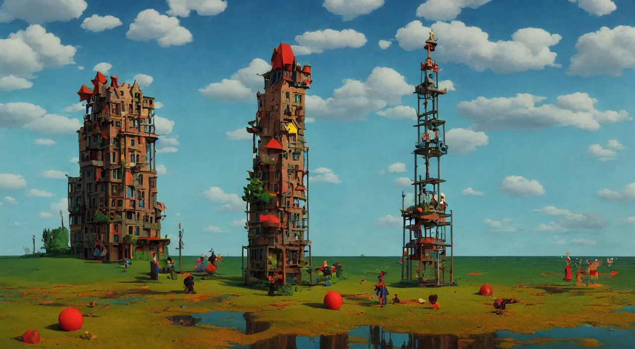 Prompt: single flooded simple claymation tower, very coherent and colorful high contrast!! masterpiece by rene magritte simon stalenhag carl spitzweg syd mead norman rockwell edward hopper james gilleard, minimalist, dark shadows, sunny day, hard lighting