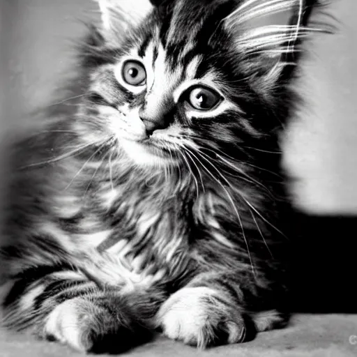 Prompt: close up of a maine coon kitten wearing soldier helmet in the battle, ww 2, black & white