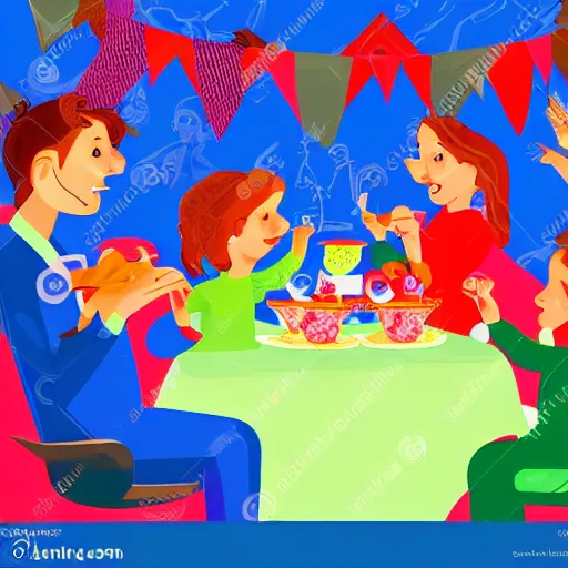 Prompt: family having fun at an afternoon tea party, bright vibrant colors, concept art, whimsical