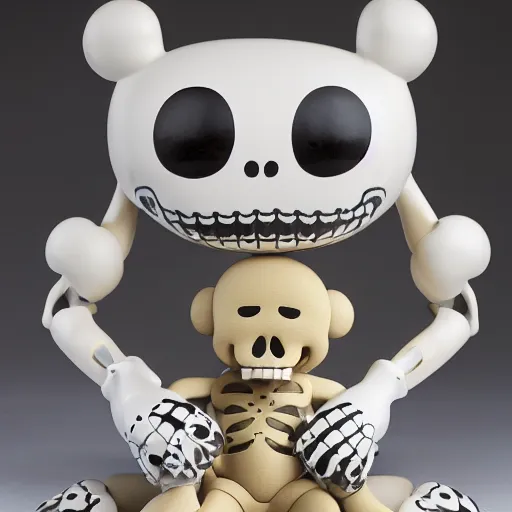 Image similar to a smiling off-white colored cheburashka skeleton shiny porcelain figurine sitting in front of a neutral background, 4k, high definition, detailed product shot, kaws, Jeff koons”