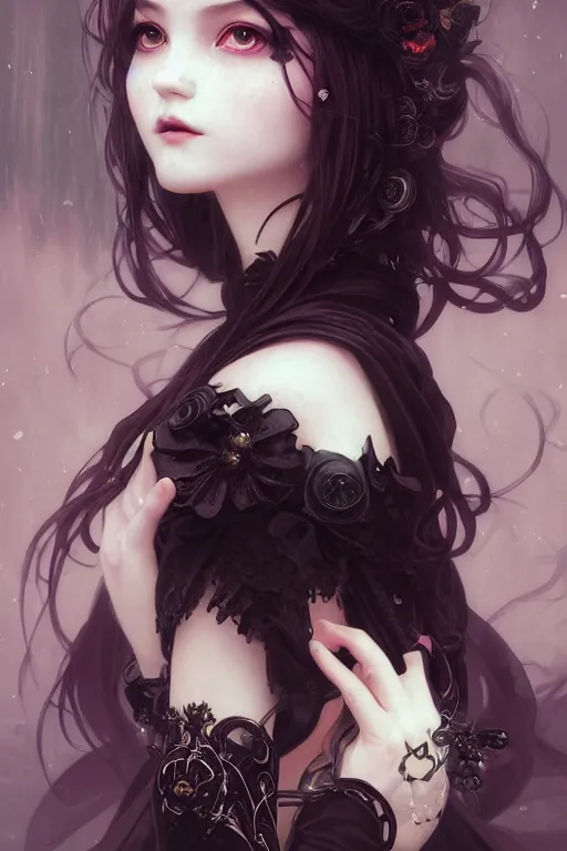 Image similar to portrait of radical lolita girl, dreamy and ethereal, dark eyes, peaceful expression, ornate goth dress, dark fantasy, chaotic, elegant, black crows flying, highly detailed, digital painting, artstation, concept art, smooth, sharp focus, illustration, art by artgerm and greg rutkowski and alphonse mucha