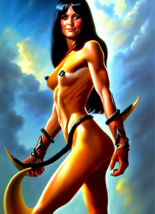 Prompt: portrait of young courtney cox as an amazon girl, full body, painted by stanley artgerm, boris vallejo, fantasy art, sleek curves, sharp focus, trending on artstation hq, deviantart