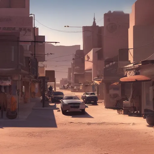 Image similar to A street view of a small desert town, 4k, artstation, cgsociety, cinematic lighting