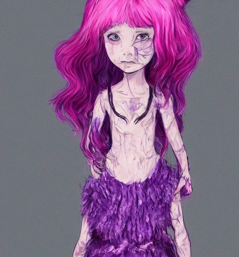 Prompt: little girl with eccentric pink hair wearing a dress made of purple fur, anatomically perfect, concept art,