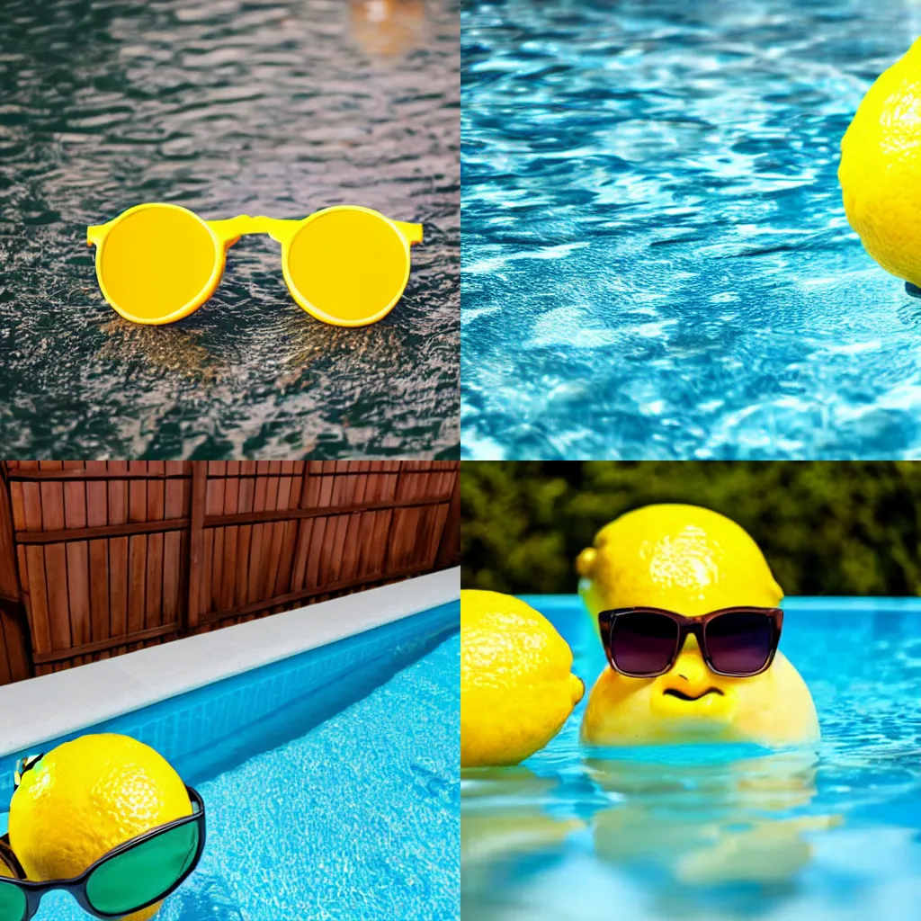 Prompt: A lemon wearing sunglasses is on a pool