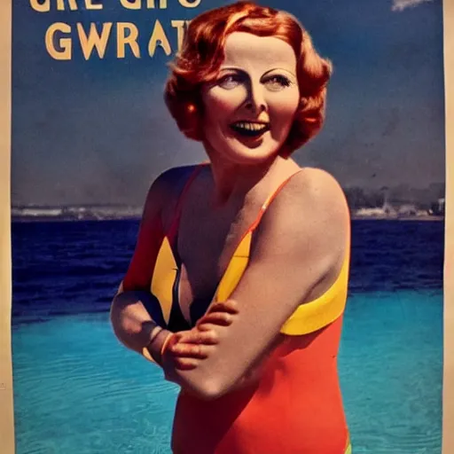 Image similar to a 1 9 2 8 colorful poster. happy, healthy, beautiful, smiling, sporty, glowing greta garbo in decent swim wear.