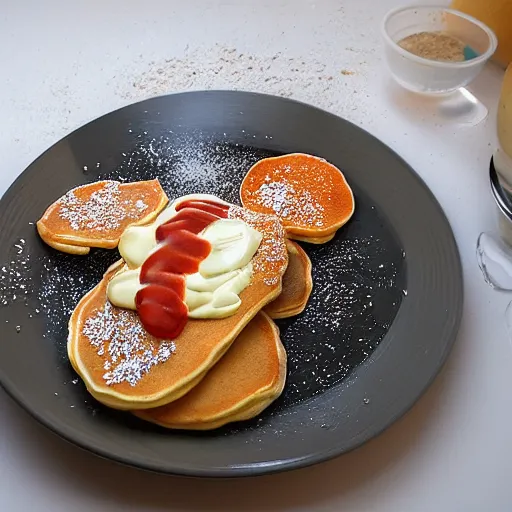 Prompt: highly detailed, art, realistic, pancakes sprinkled in white powder with hotdogs on top