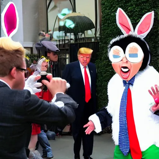 Prompt: paparazzi photo Donald Trump cosplay as Bugs Bunny! spying on children at a birthday party, high quality, good lighting, masterpiece, beautiful beautiful beautiful beautiful beautiful