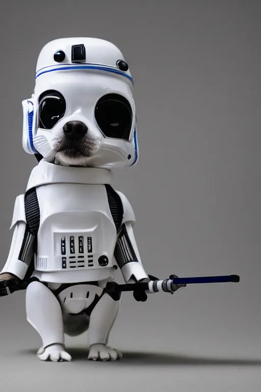 Prompt: a Chihuahua holding a lightsaber,dressing like Stormtrooper,futuristic style.unnreal engine