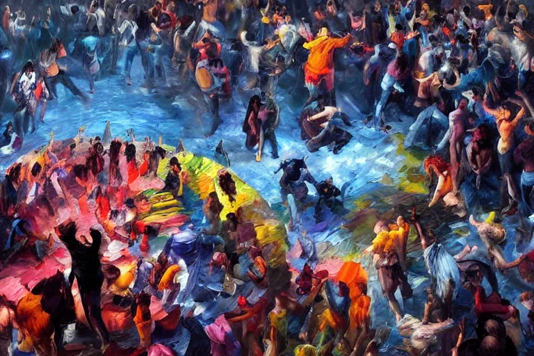 Image similar to palette knife oil painting of a crowd of clubbers surrounding two supernatural fighters in a concave circular fighting pit. concrete, psychedelic lighting, extreme detail, artstation trending, artgerm, any racial background, deviant art, octane, substance, art history 8 k