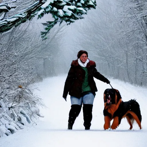 Image similar to girl riding giant Bernese Mountain Dog in the snow, trending on artstation