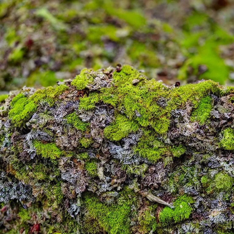 Image similar to a drawn picture lichens and moss close-up various fungus, mushrooms and plants, Atmospheric phenomenon, artistic photography, muted colors, conceptual, long exposure outside the city