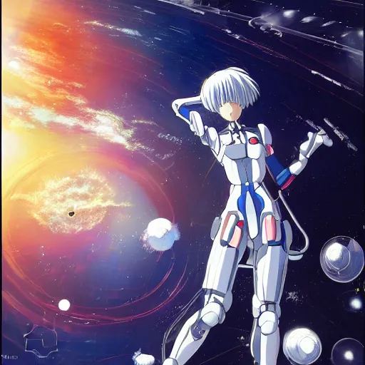 Image similar to This is a digital art piece by Yoshiyuki Sadamoto that is trending on artstation. It is a 8K UHD image of Rei Ayanami, a female anime character, inside a space station with technological rings. She is shot from the ground by Yoshiyuki Sadamoto. The environment is a concept design and the art is hyper realistic with intricate details.
