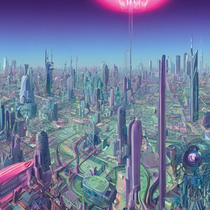 Image similar to city skyline, science fiction, extremely detailed, sharp focus, pastel colors, intricate, beautiful, illustration, volumetric lighting, digital painting, by roger dean, by simon stalenhag, by alex grey