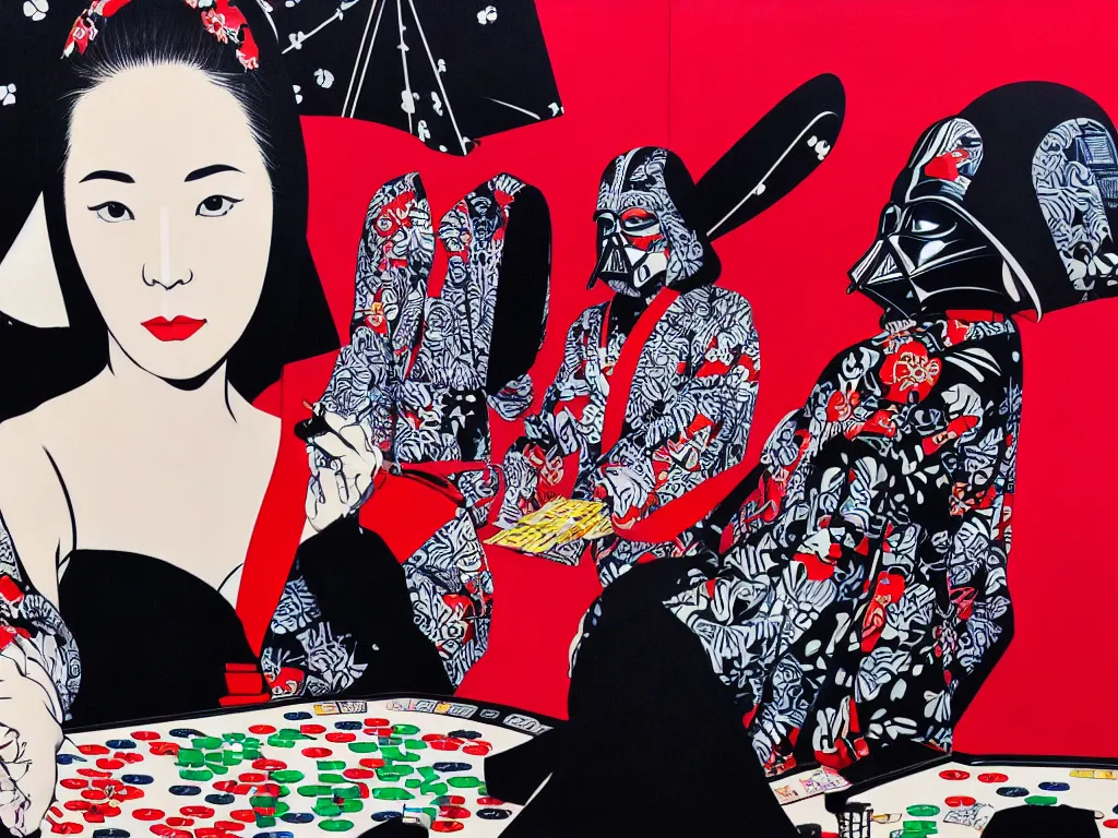 Image similar to hyperrealism composition of the detailed woman in a japanese kimono sitting at an extremely detailed poker table with darth vader, fireworks on the background, pop - art style, jacky tsai style, andy warhol style, acrylic on canvas