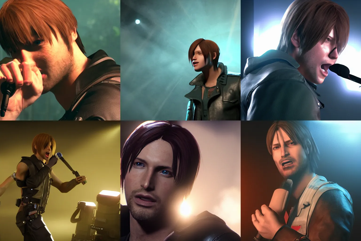 Prompt: leon s kennedy singing into microphone, green hills, cinematic lighting, lens flare,