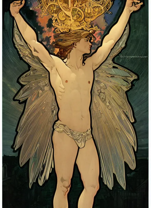 Image similar to digital character concept art by paul berthon and alphonse mucha, portrait of a young icarus a god, arms spread wide looking skyward as if to fly, large mechanical bird wings, beautiful, night time, light effect, clouds, stars, glowing lanterns, detailed, poster art, lithograph, hyper detail, intricate, digital painting, artstation, smooth,