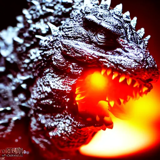 Image similar to godzilla eating a crystal, 5 5 mm